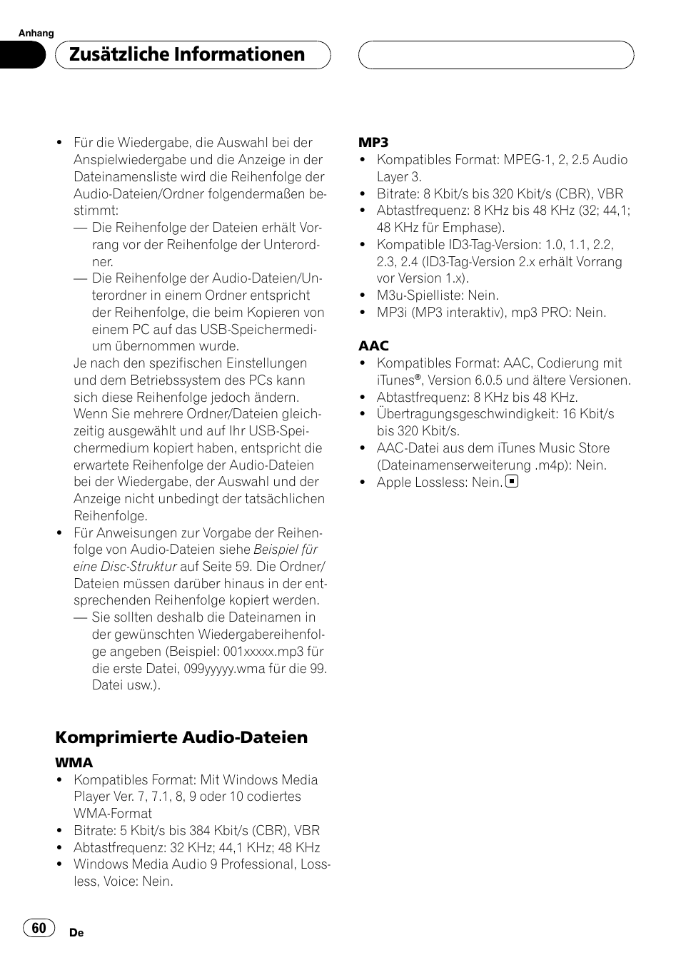 Komprimierte audio-dateien 60, Zusätzliche informationen, Komprimierte audio-dateien | Pioneer CD-UB100 User Manual | Page 60 / 103