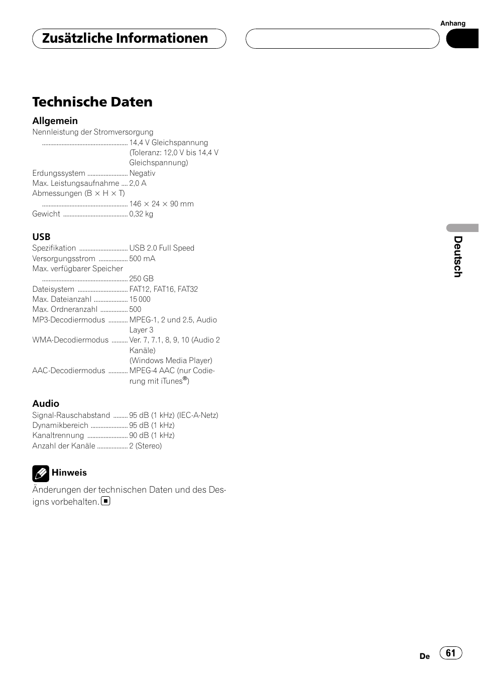 Technische daten, Zusätzliche informationen, Deutsch | Pioneer CD-UB100 User Manual | Page 61 / 103