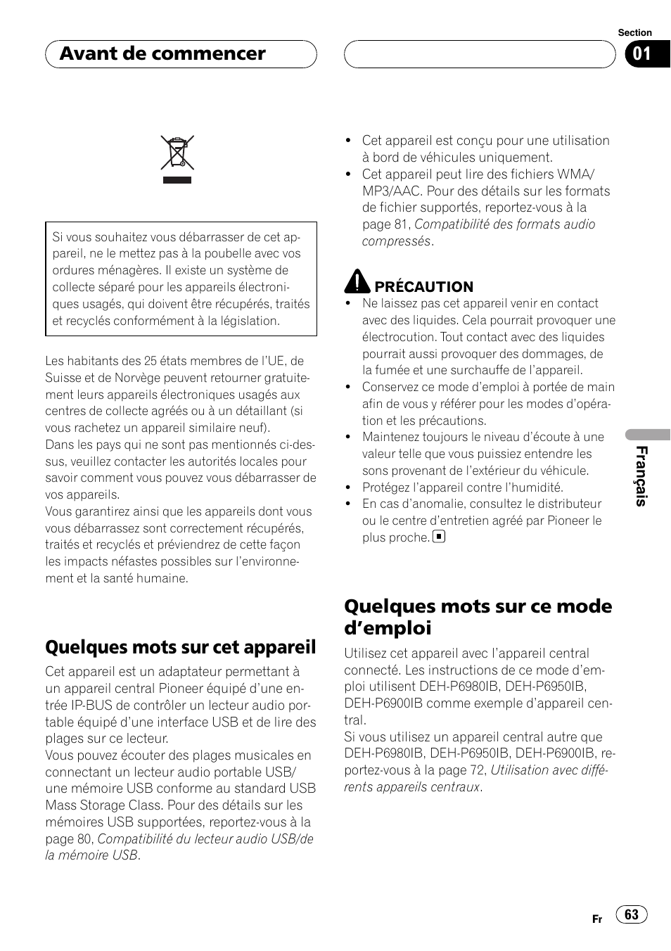 Avant de commencer, Quelques mots sur cet appareil, Quelques mots sur ce mode d | Emploi 63, Quelques mots sur ce mode d ’emploi | Pioneer CD-UB100 User Manual | Page 63 / 103