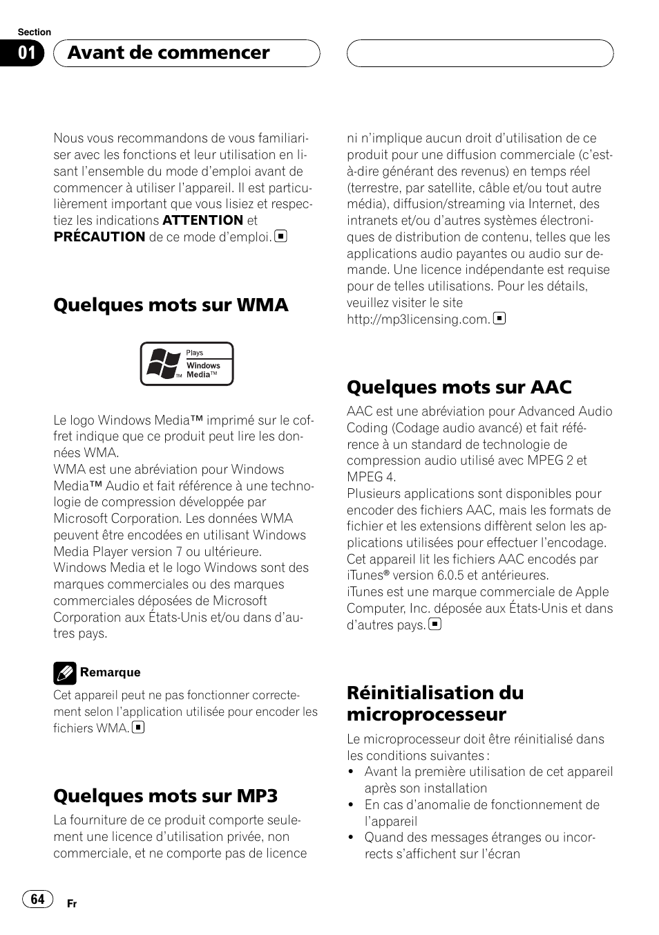 Quelques mots sur wma, Quelques mots sur mp3, Quelques mots sur aac | Réinitialisation du microprocesseur, Avant de commencer | Pioneer CD-UB100 User Manual | Page 64 / 103