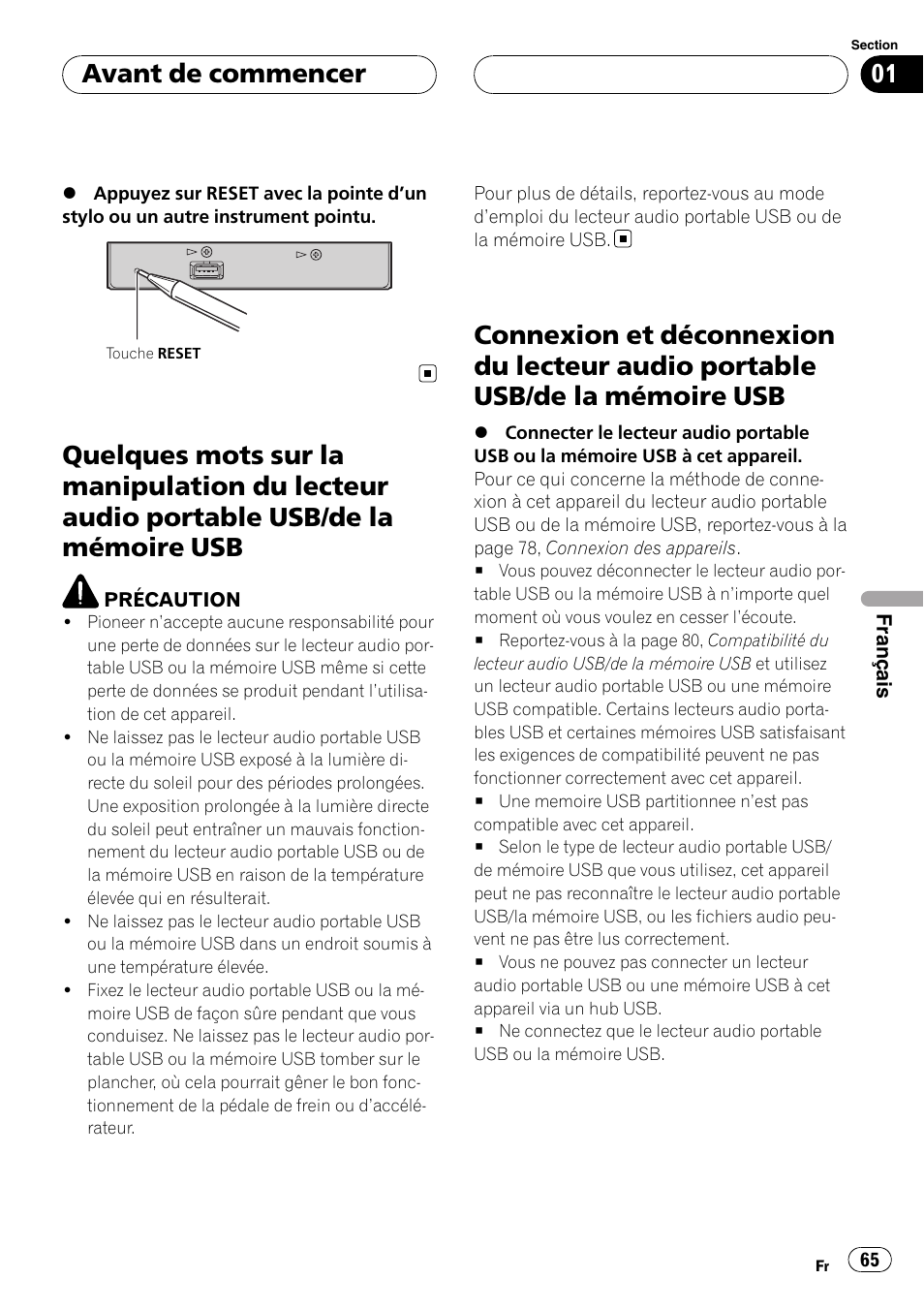 Quelques mots sur la manipulation du, Lecteur audio portable usb/de la mémoire usb, Connexion et déconnexion du lecteur audio | Portable usb/de la mémoire usb, Avant de commencer | Pioneer CD-UB100 User Manual | Page 65 / 103