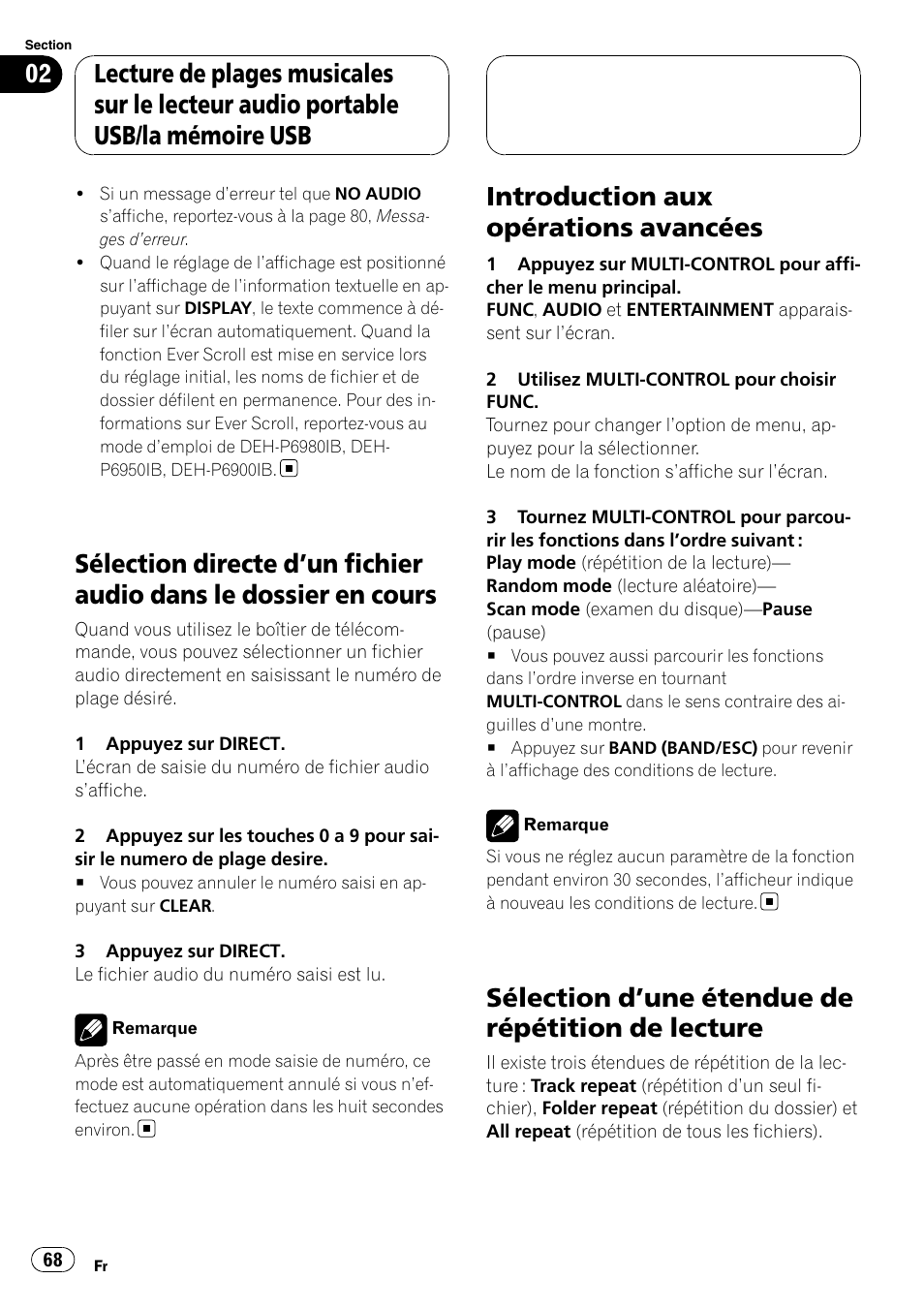 Sélection directe d, Un fichier audio dans le, Dossier en cours | Introduction aux opérations avancées, Sélection d, Une étendue de répétition de, Lecture, Sélection d ’une étendue de répétition de lecture | Pioneer CD-UB100 User Manual | Page 68 / 103