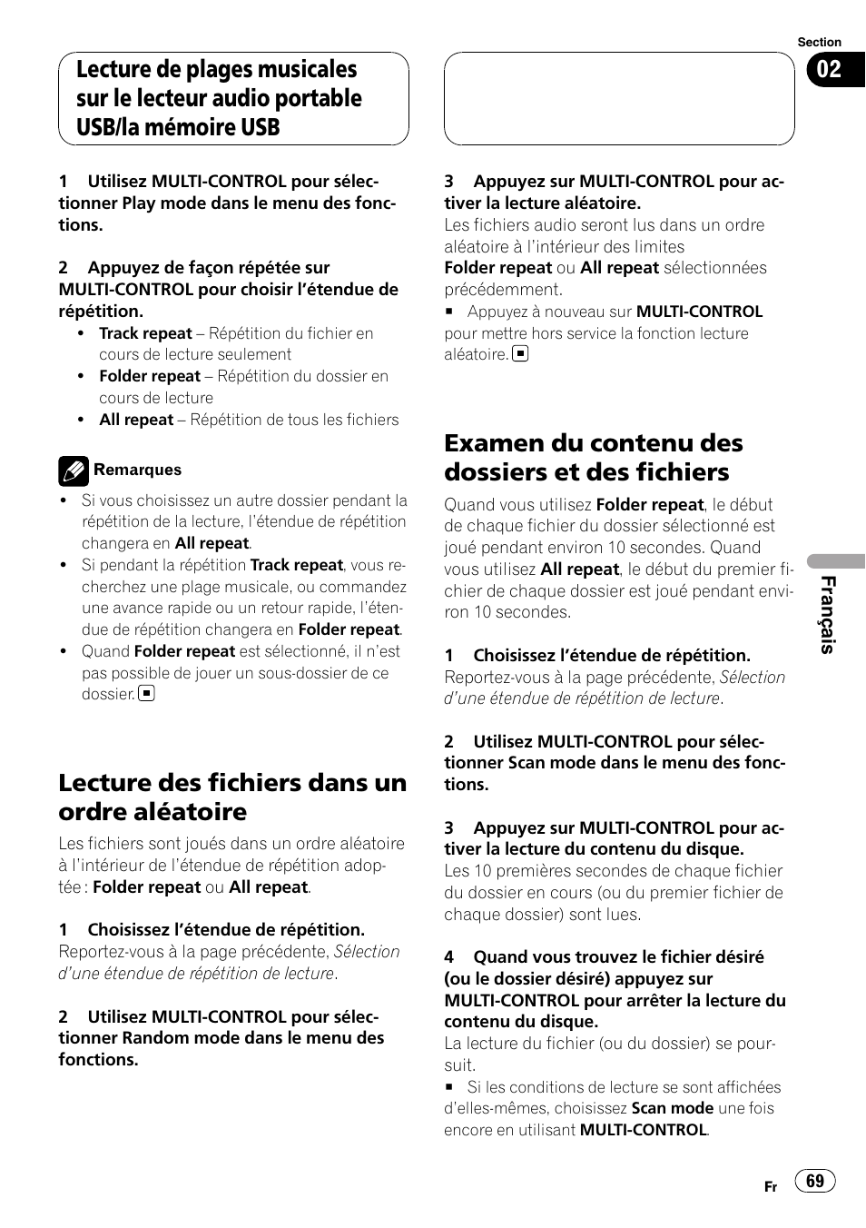 Lecture des fichiers dans un ordre, Aléatoire, Examen du contenu des dossiers et des | Fichiers, Lecture des fichiers dans un ordre aléatoire, Examen du contenu des dossiers et des fichiers | Pioneer CD-UB100 User Manual | Page 69 / 103