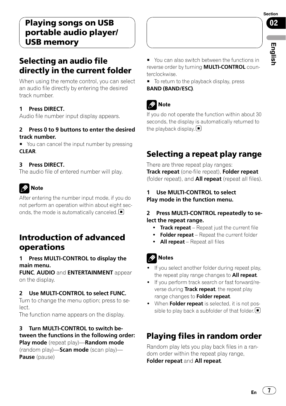 Selecting an audio file directly in the current, Folder, Introduction of advanced operations | Selecting a repeat play range, Playing files in random order | Pioneer CD-UB100 User Manual | Page 7 / 103