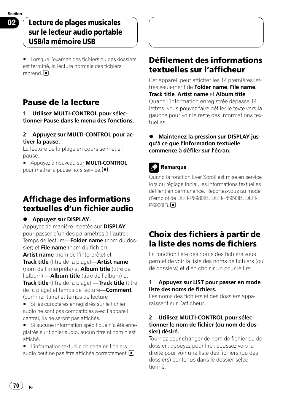 Pause de la lecture, Affichage des informations textuelles d, Fichier audio | Défilement des informations textuelles sur, Afficheur 70, Choix des fichiers à partir de la liste des, Noms de fichiers | Pioneer CD-UB100 User Manual | Page 70 / 103