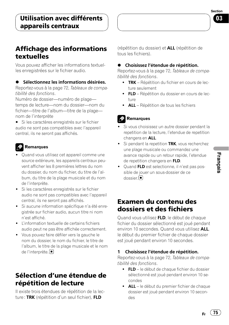 Affichage des informations textuelles, Sélection d, Une étendue de répétition de | Lecture, Examen du contenu des dossiers et des, Fichiers, Sélection d ’une étendue de répétition de lecture, Examen du contenu des dossiers et des fichiers, Utilisation avec différents appareils centraux | Pioneer CD-UB100 User Manual | Page 75 / 103