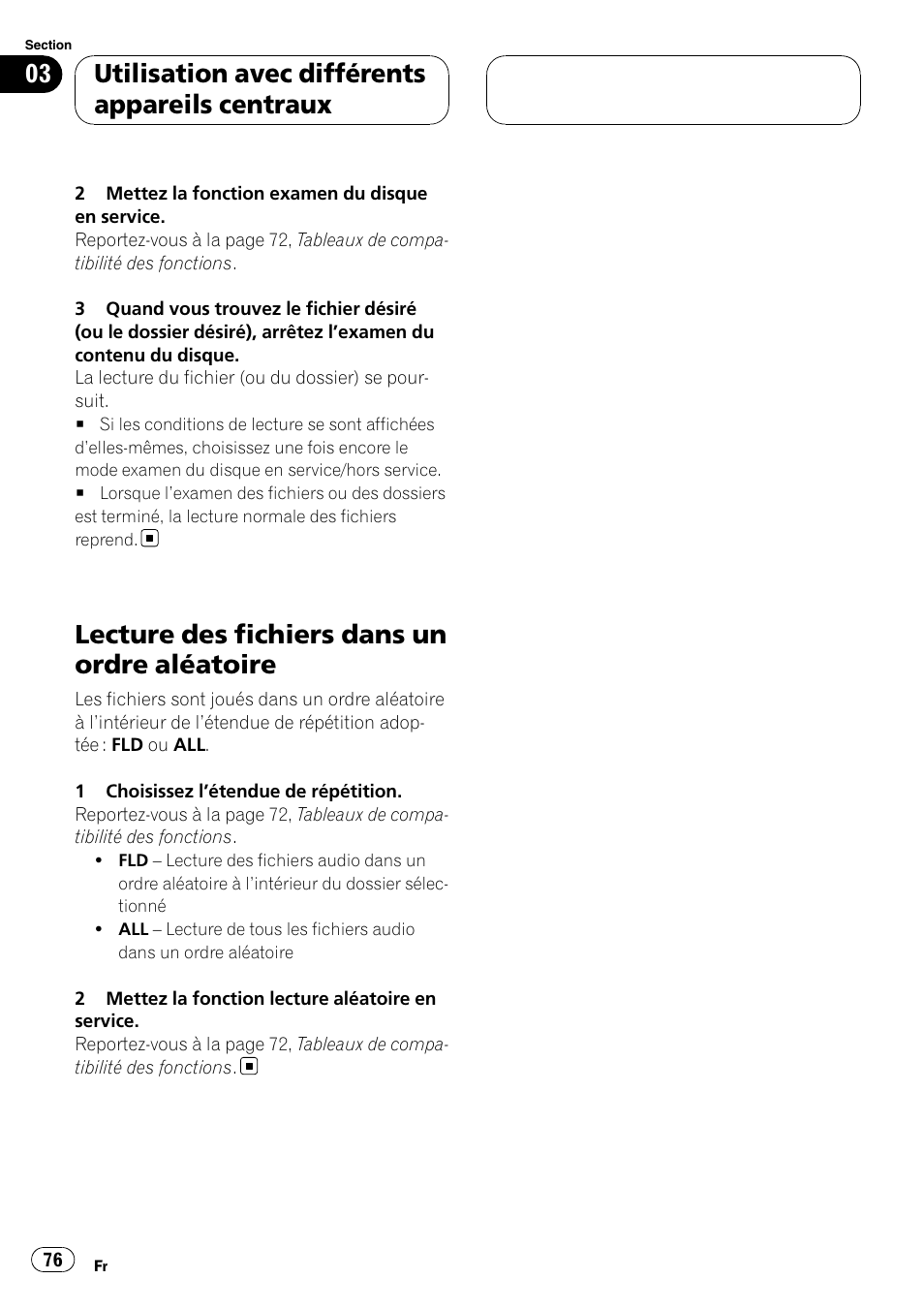 Lecture des fichiers dans un ordre, Aléatoire, Lecture des fichiers dans un ordre aléatoire | Utilisation avec différents appareils centraux | Pioneer CD-UB100 User Manual | Page 76 / 103