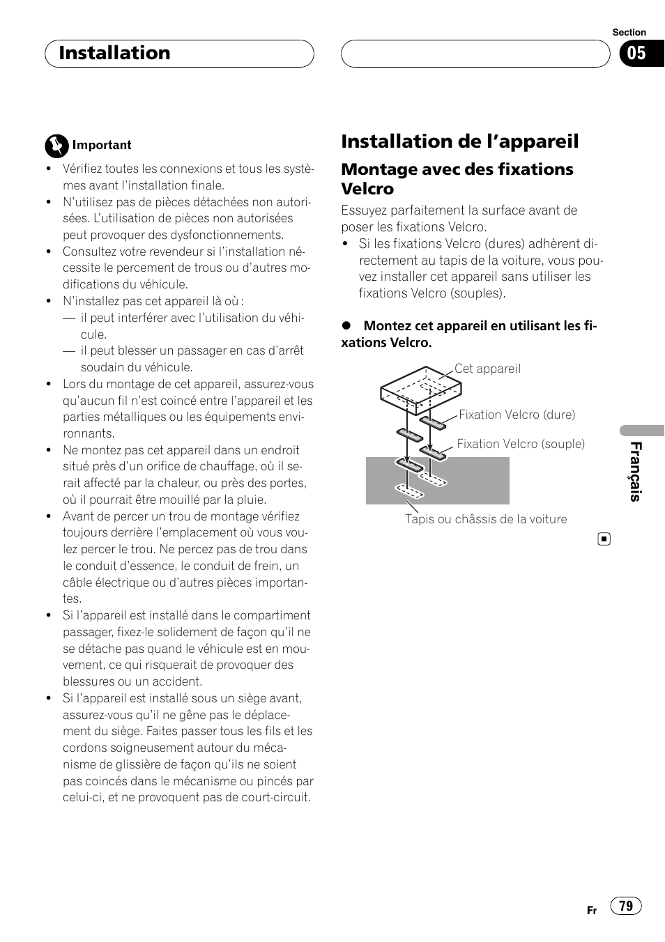 Installation installation de l, Appareil 79, Montage avec des fixations velcro 79 | Installation de l ’appareil, Installation, Montage avec des fixations velcro | Pioneer CD-UB100 User Manual | Page 79 / 103