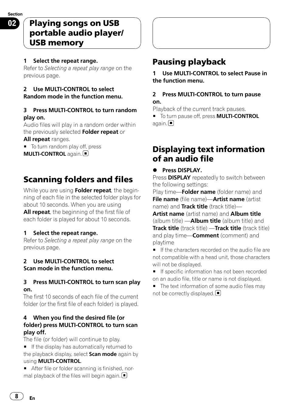 Scanning folders and files, Pausing playback, Displaying text information of an audio | File, Displaying text information of an audio file | Pioneer CD-UB100 User Manual | Page 8 / 103