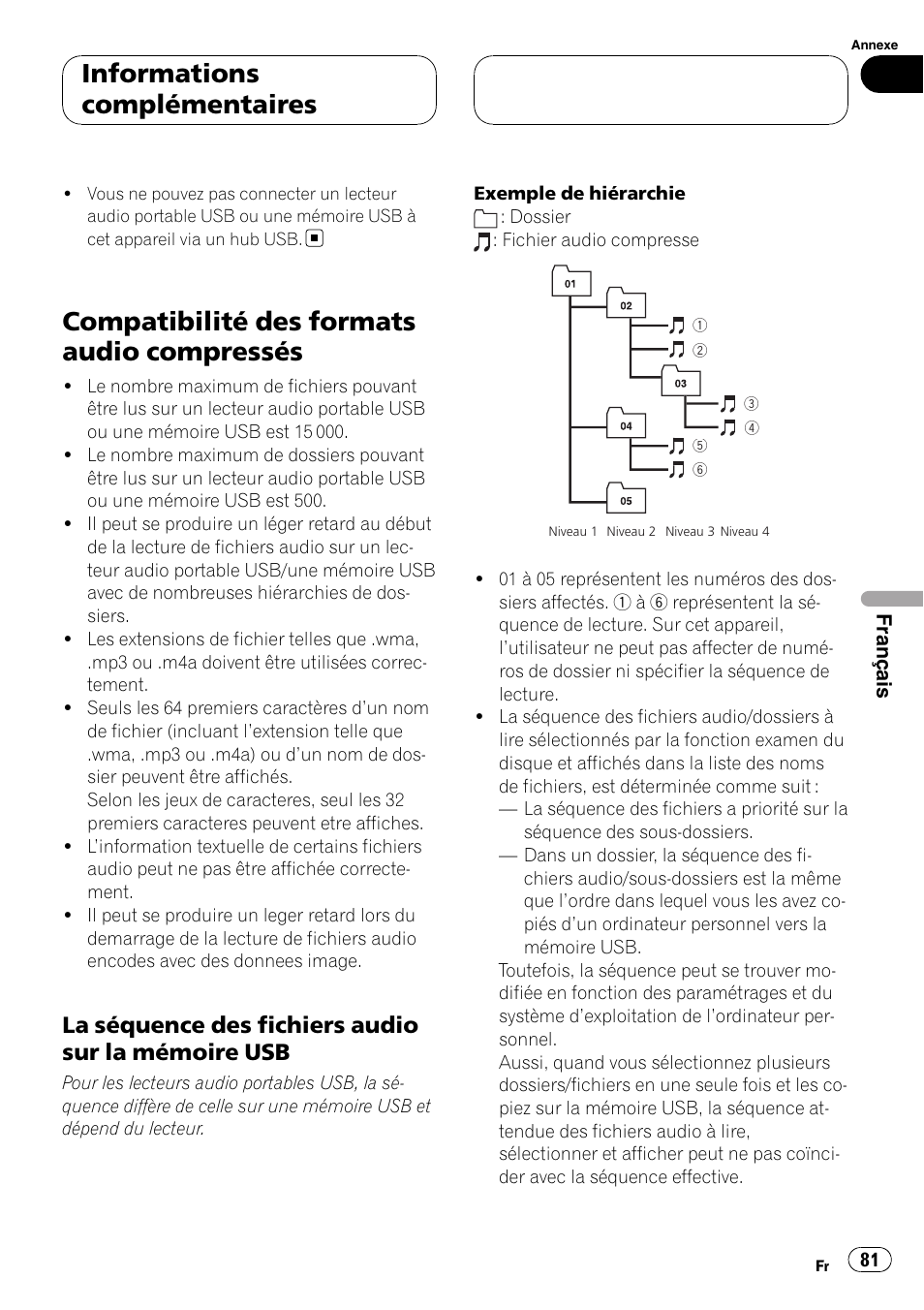 Compatibilité des formats audio, Compressés, La séquence des fichiers audio sur la | Mémoire usb, Compatibilité des formats audio compressés, Informations complémentaires, La séquence des fichiers audio sur la mémoire usb | Pioneer CD-UB100 User Manual | Page 81 / 103