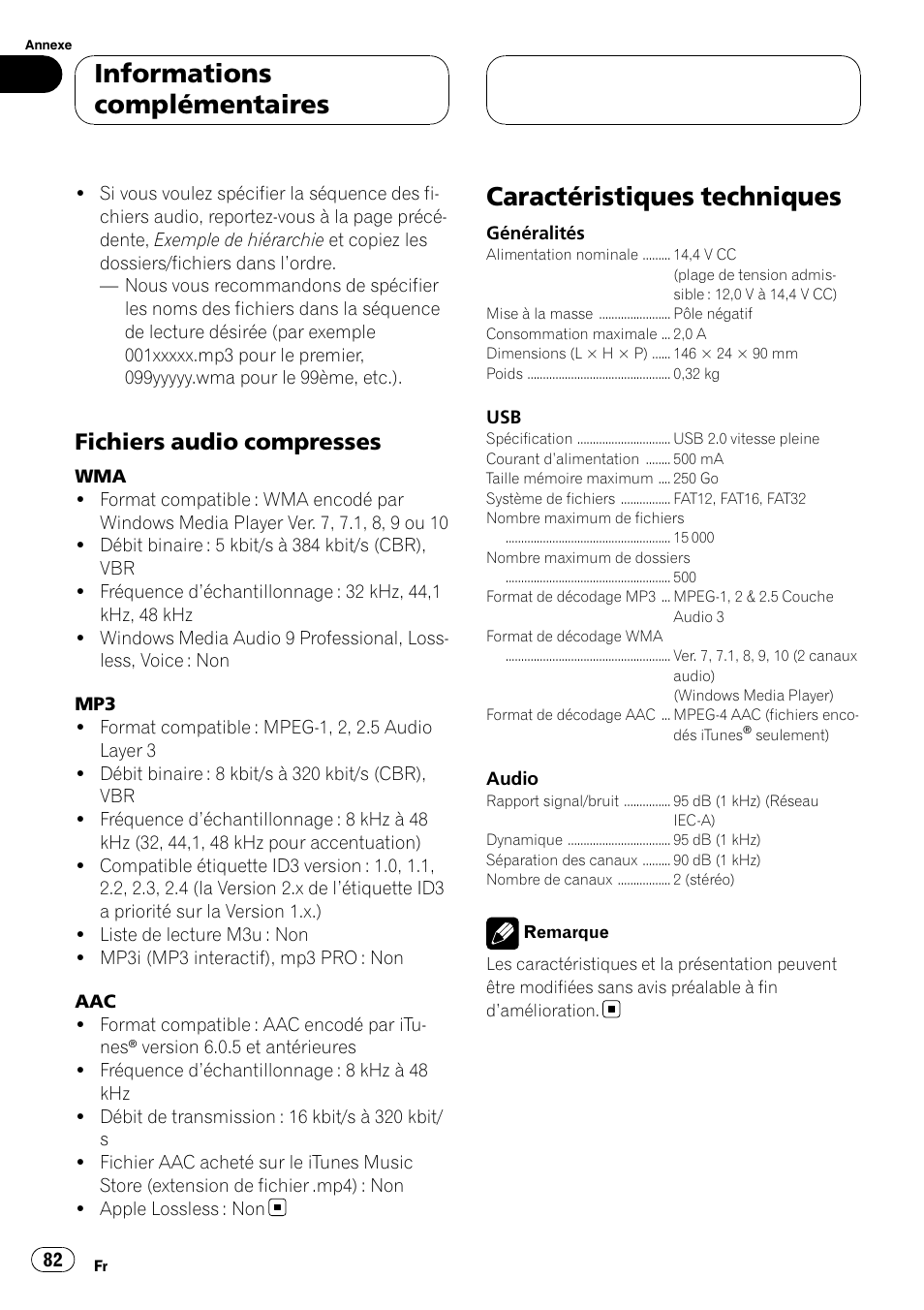 Fichiers audio compresses 82, Caractéristiques techniques, Informations complémentaires | Fichiers audio compresses | Pioneer CD-UB100 User Manual | Page 82 / 103