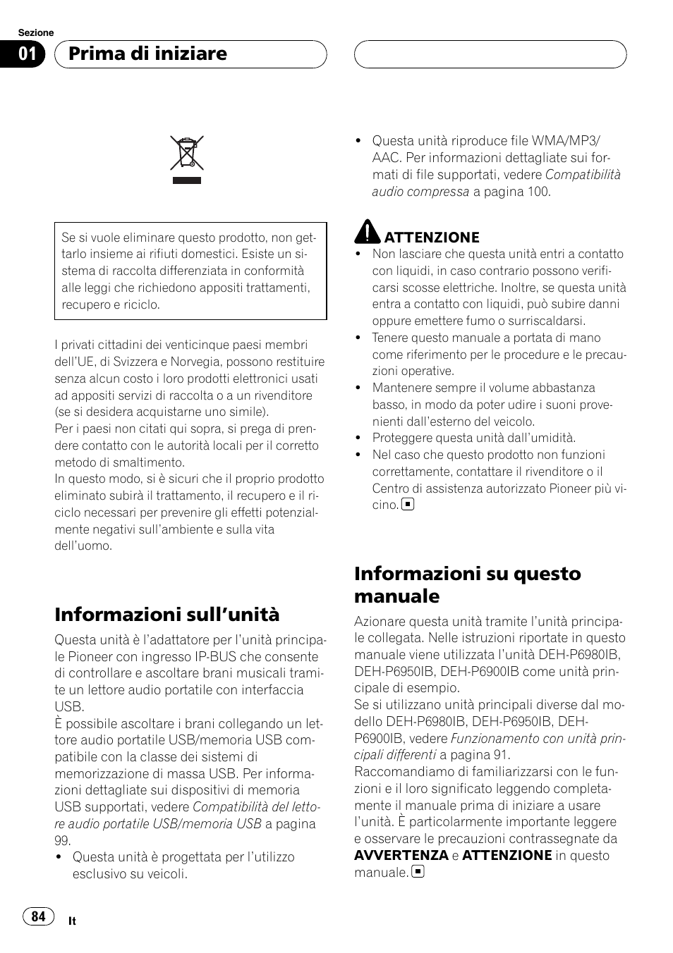 Prima di iniziare, Informazioni sull, Unità 84 | Informazioni su questo manuale, Informazioni sull ’unità | Pioneer CD-UB100 User Manual | Page 84 / 103