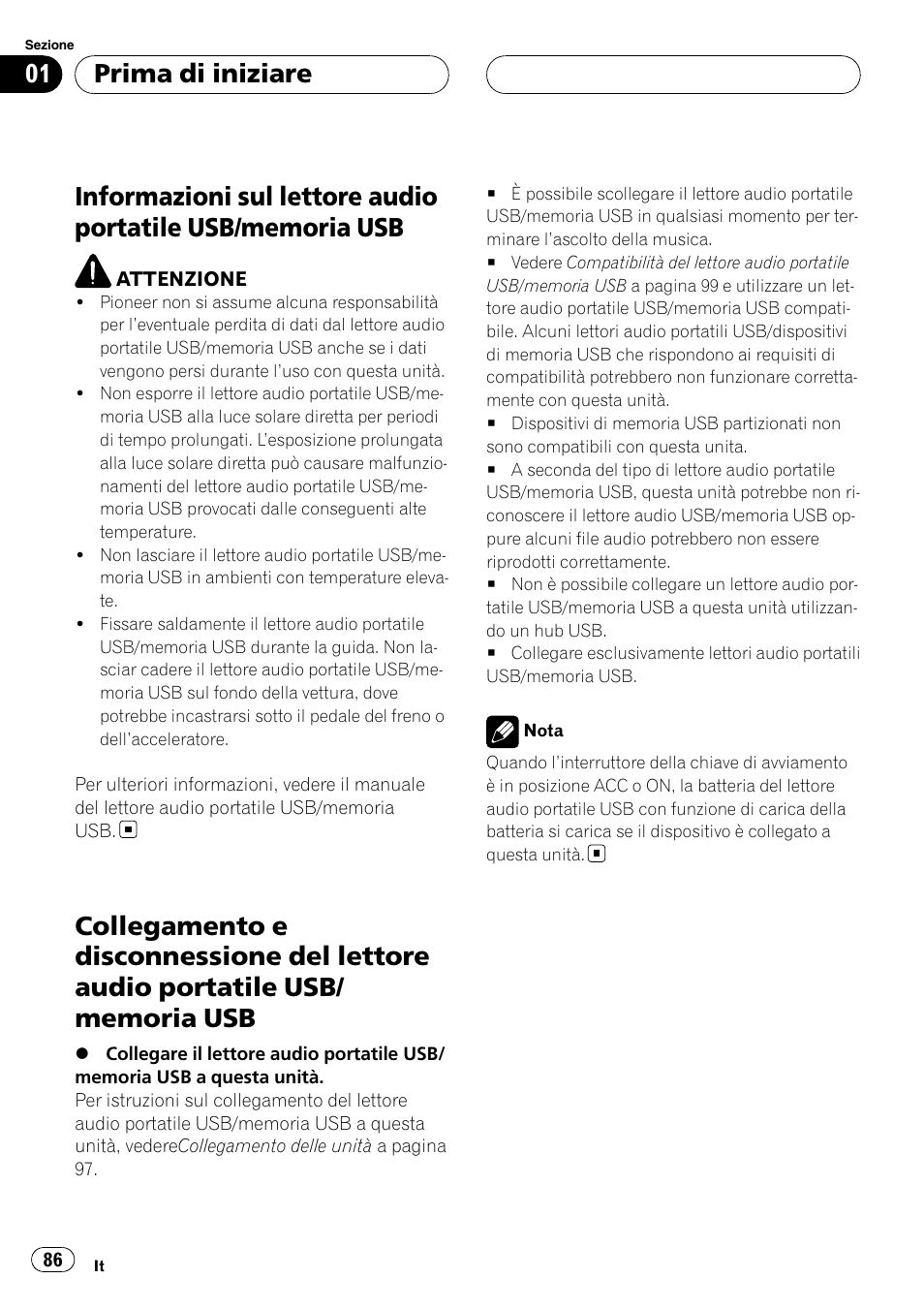 Informazioni sul lettore audio portatile usb, Memoria usb, Collegamento e disconnessione del lettore | Audio portatile usb/memoria usb, Prima di iniziare | Pioneer CD-UB100 User Manual | Page 86 / 103