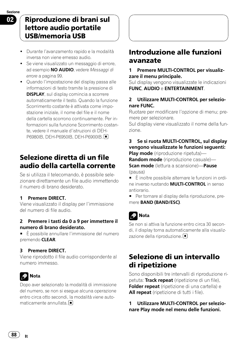 Selezione diretta di un file audio della cartella, Corrente, Introduzione alle funzioni avanzate | Selezione di un intervallo di ripetizione | Pioneer CD-UB100 User Manual | Page 88 / 103