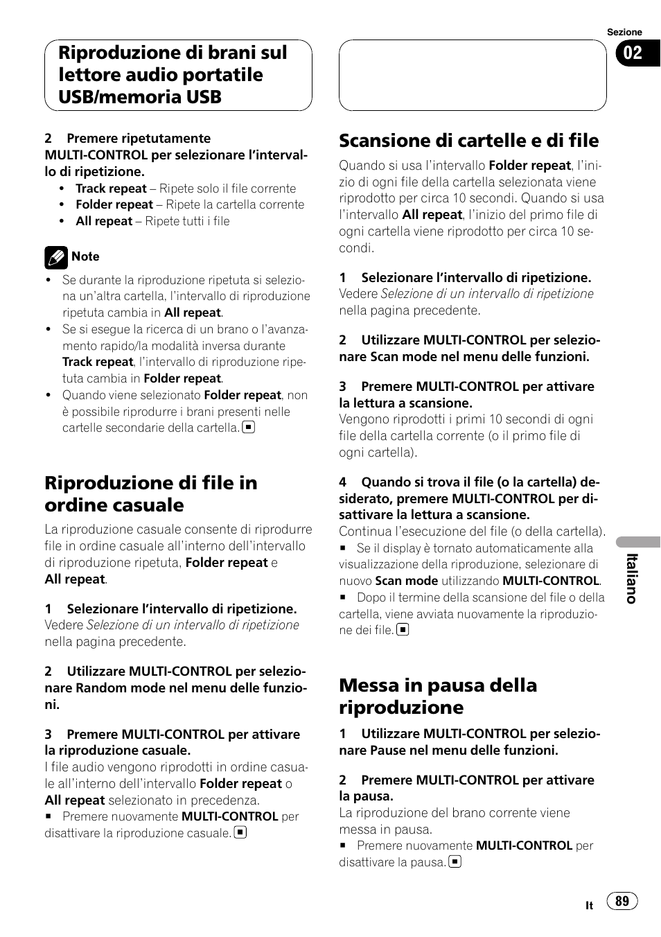 Riproduzione di file in ordine casuale, Scansione di cartelle e di file, Messa in pausa della riproduzione | Pioneer CD-UB100 User Manual | Page 89 / 103