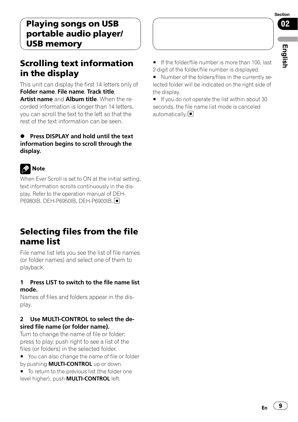 Scrolling text information in the display, Selecting files from the file name list | Pioneer CD-UB100 User Manual | Page 9 / 103