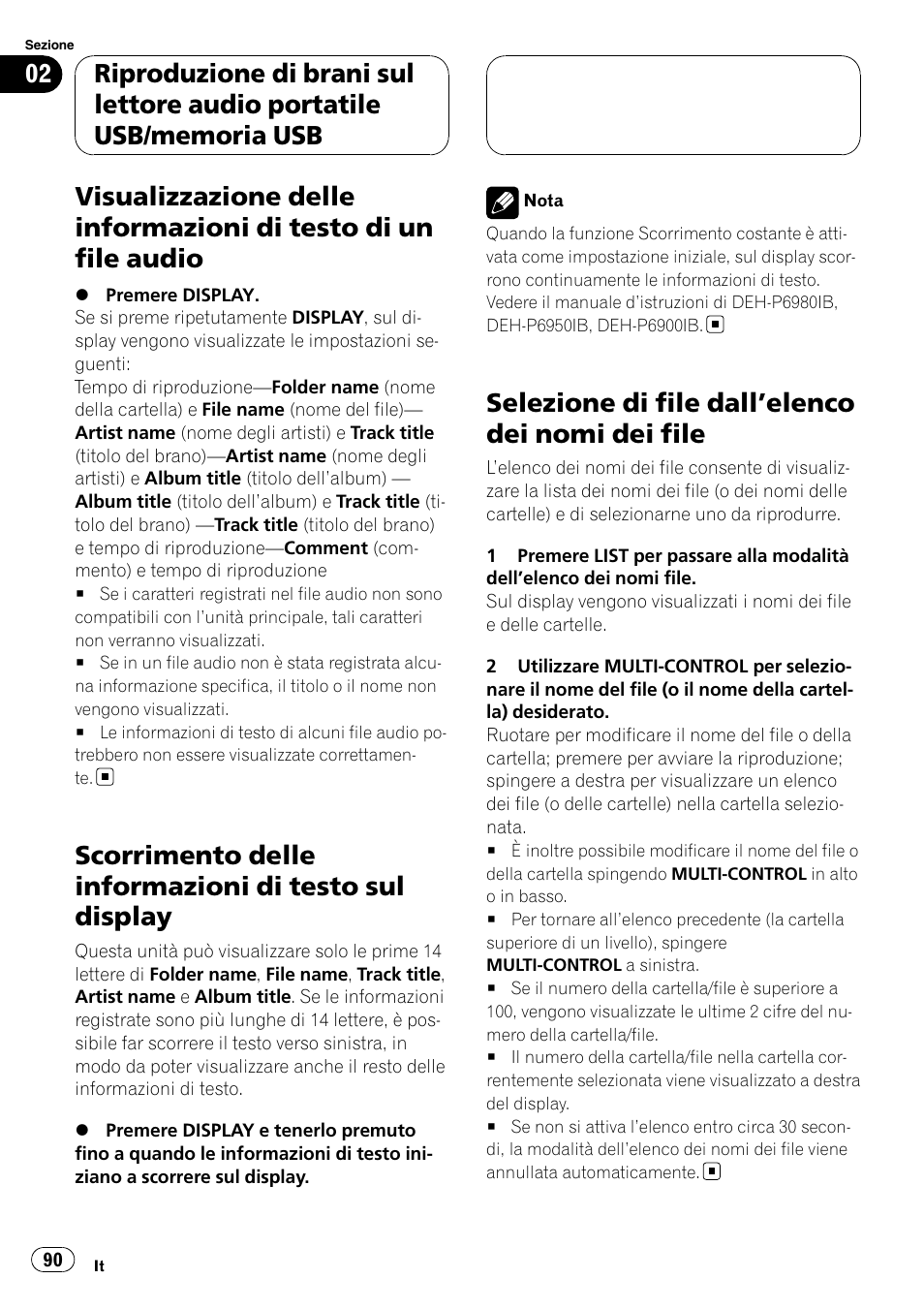 Visualizzazione delle informazioni di testo di, Un file audio, Scorrimento delle informazioni di testo sul | Display, Selezione di file dall, Elenco dei nomi dei, File, Selezione di file dall ’elenco dei nomi dei file | Pioneer CD-UB100 User Manual | Page 90 / 103