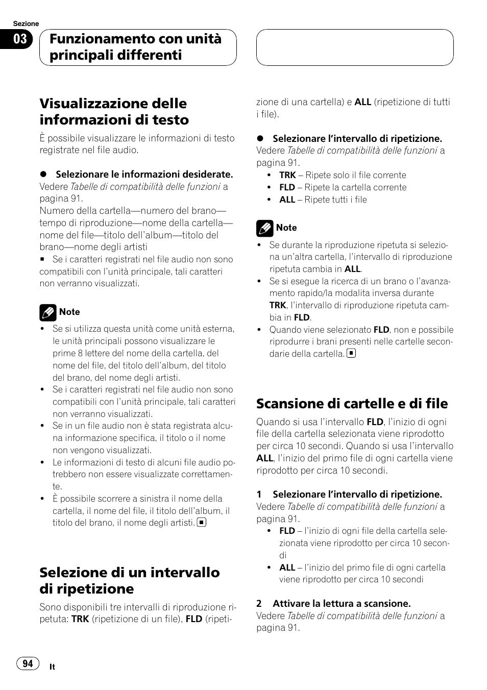 Visualizzazione delle informazioni di, Testo, Selezione di un intervallo di ripetizione | Scansione di cartelle e di file, Visualizzazione delle informazioni di testo, Funzionamento con unità principali differenti | Pioneer CD-UB100 User Manual | Page 94 / 103