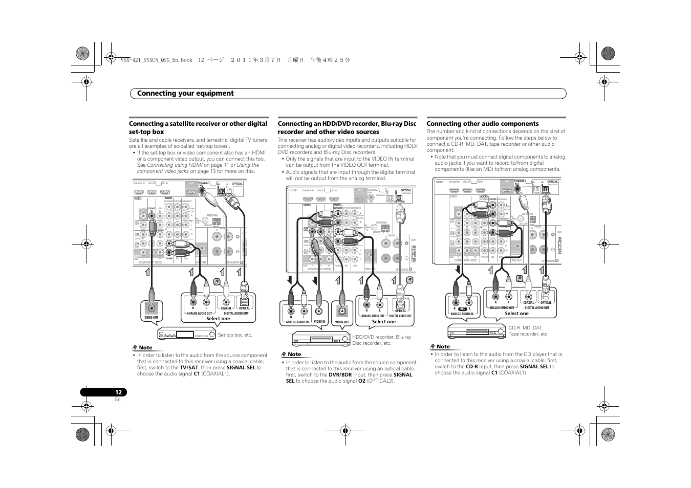 Connecting other audio components, Connecting your equipment | Pioneer VSX-421 User Manual | Page 12 / 100