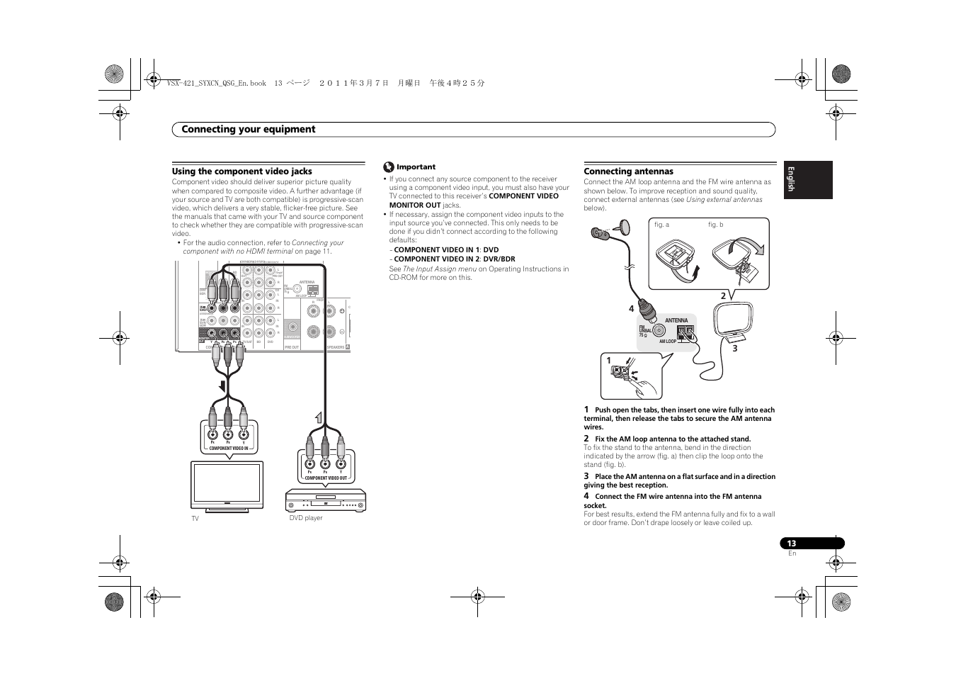 Using the component video jacks, Connecting antennas, Connecting your equipment | Pioneer VSX-421 User Manual | Page 13 / 100