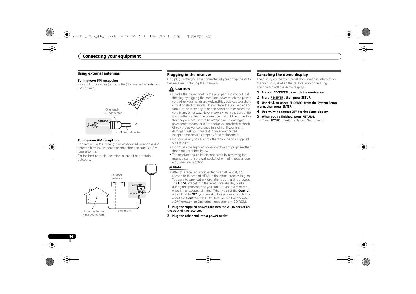 Using external antennas, Plugging in the receiver, Canceling the demo display | Pioneer VSX-421 User Manual | Page 14 / 100