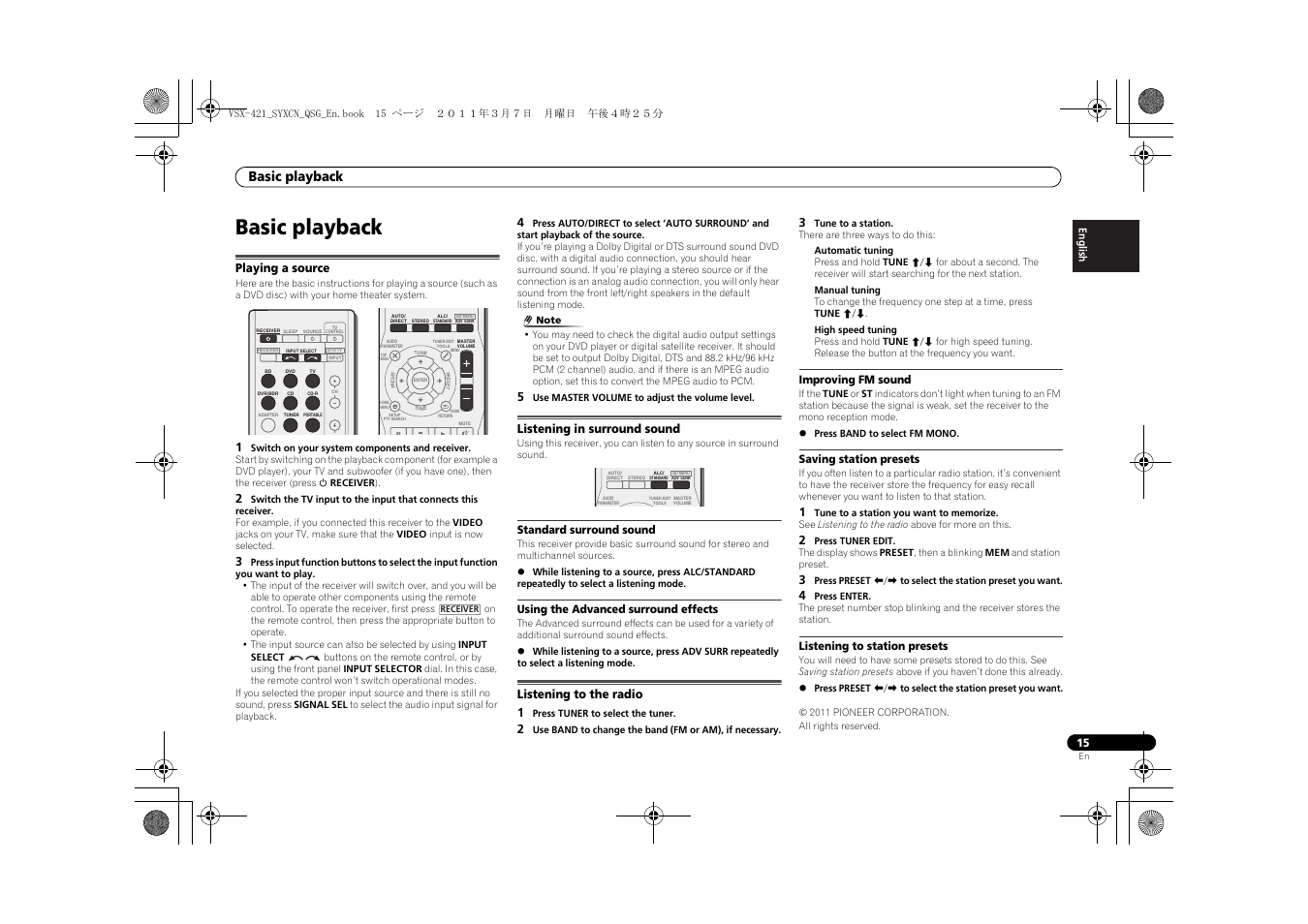 Basic playback, Playing a source, Listening in surround sound | Standard surround sound, Using the advanced surround effects, Listening to the radio, Improving fm sound, Saving station presets, Listening to station presets | Pioneer VSX-421 User Manual | Page 15 / 100