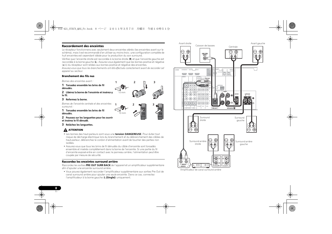 Raccordement des enceintes, Raccordez les enceintes surround arrière | Pioneer VSX-421 User Manual | Page 22 / 100