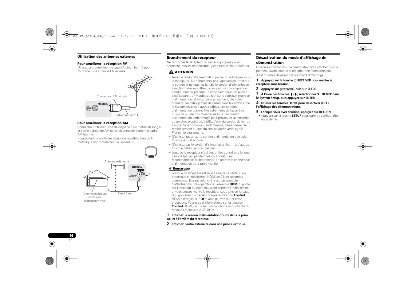 Utilisation des antennes externes, Branchement du récepteur, Désactivation du mode d’affichage de démonstration | Pioneer VSX-421 User Manual | Page 28 / 100