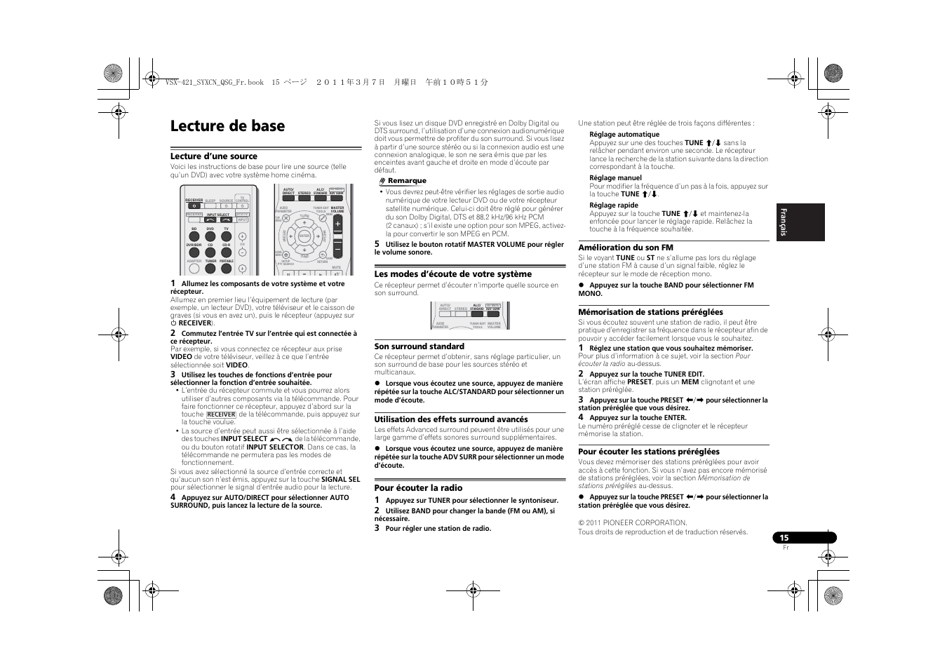 Lecture de base, Lecture d’une source, Les modes d’écoute de votre système | Son surround standard, Utilisation des effets surround avancés, Pour écouter la radio, Amélioration du son fm, Mémorisation de stations préréglées, Pour écouter les stations préréglées | Pioneer VSX-421 User Manual | Page 29 / 100