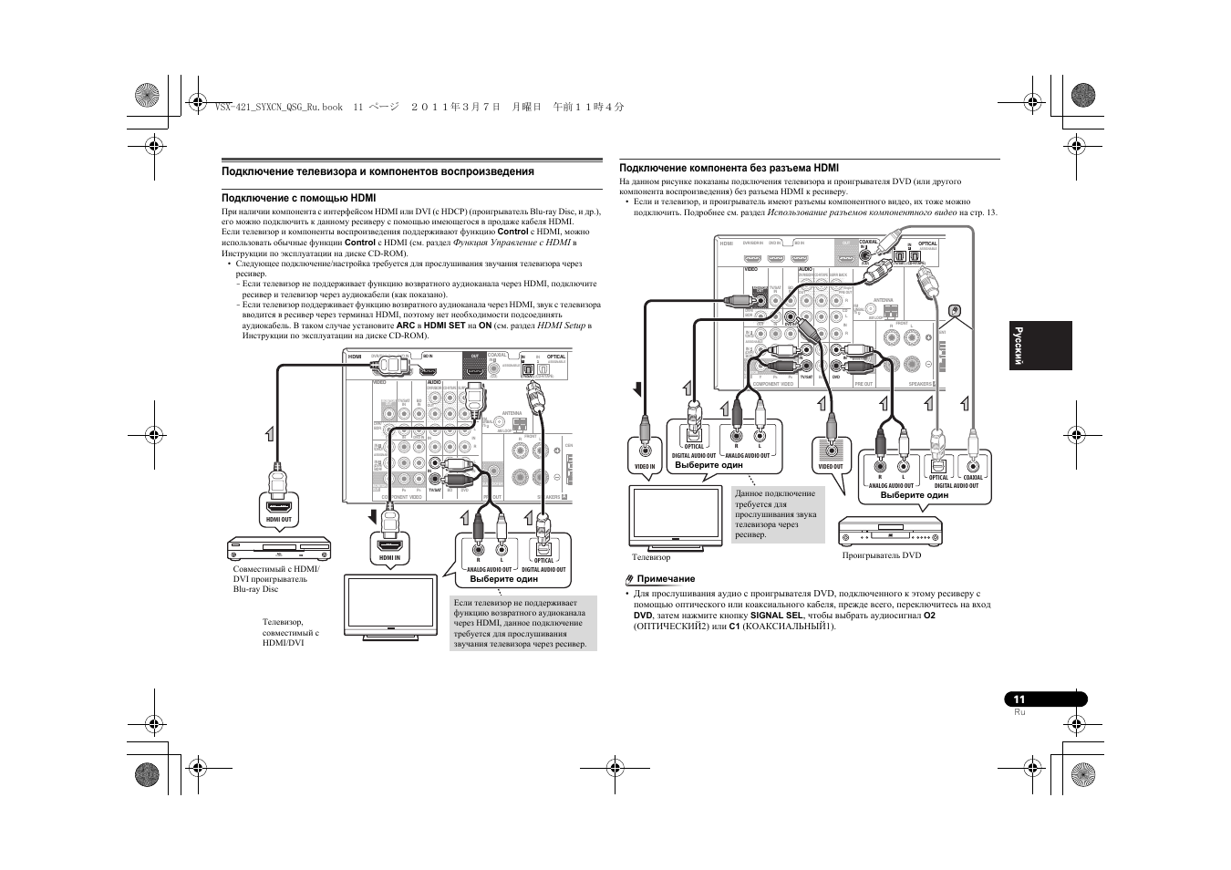Подключение с помощью hdmi, Подключение компонента без разъема hdmi | Pioneer VSX-421 User Manual | Page 39 / 100