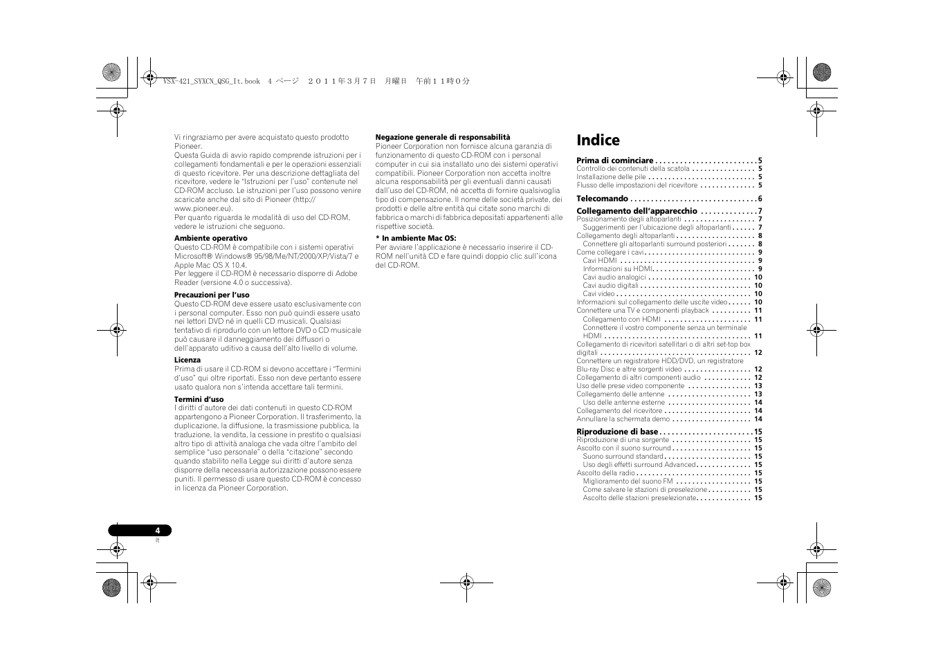 Sintoamplificatore audio/video multicanale, Guida di avvio rapido, Indice | Pioneer VSX-421 User Manual | Page 46 / 100