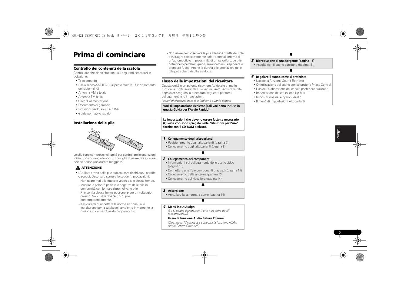 Prima di cominciare, Controllo dei contenuti della scatola, Installazione delle pile | Flusso delle impostazioni del ricevitore | Pioneer VSX-421 User Manual | Page 47 / 100