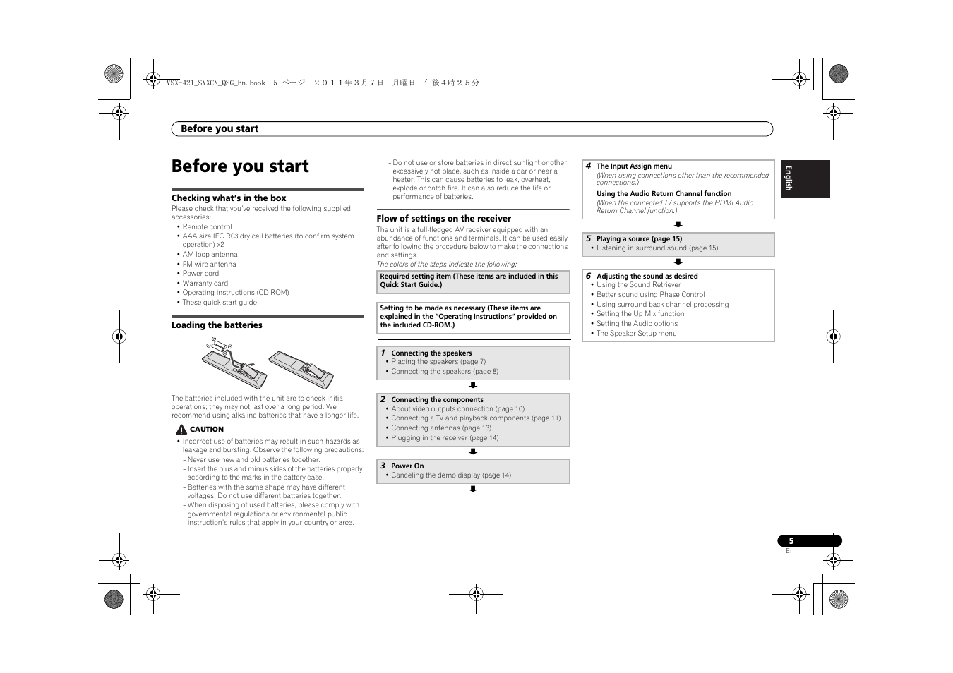 Before you start, Checking what’s in the box, Loading the batteries | Flow of settings on the receiver | Pioneer VSX-421 User Manual | Page 5 / 100