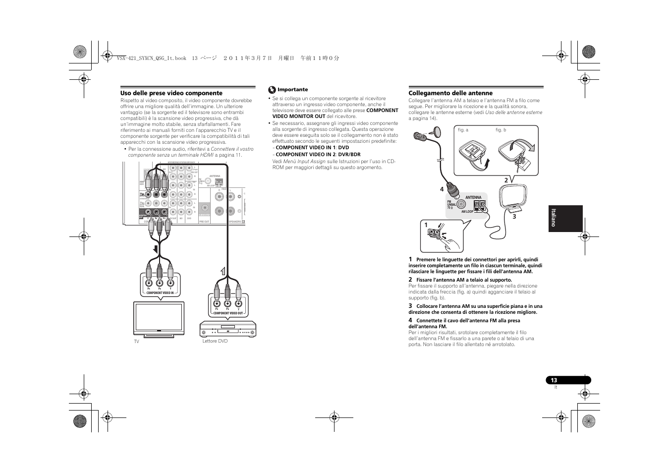 Uso delle prese video componente, Collegamento delle antenne | Pioneer VSX-421 User Manual | Page 55 / 100