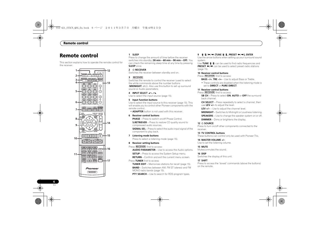Remote control | Pioneer VSX-421 User Manual | Page 6 / 100