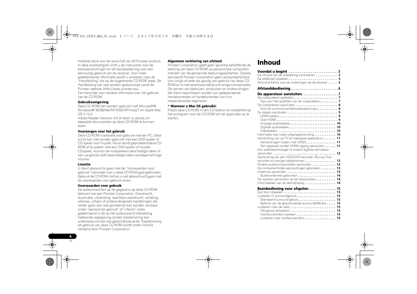 Audio/video multikanaals receiver, Snelstartgids, Inhoud | Pioneer VSX-421 User Manual | Page 60 / 100