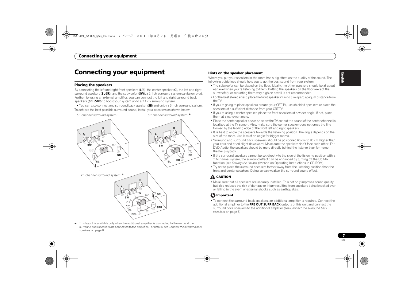 Connecting your equipment, Placing the speakers, Hints on the speaker placement | Pioneer VSX-421 User Manual | Page 7 / 100