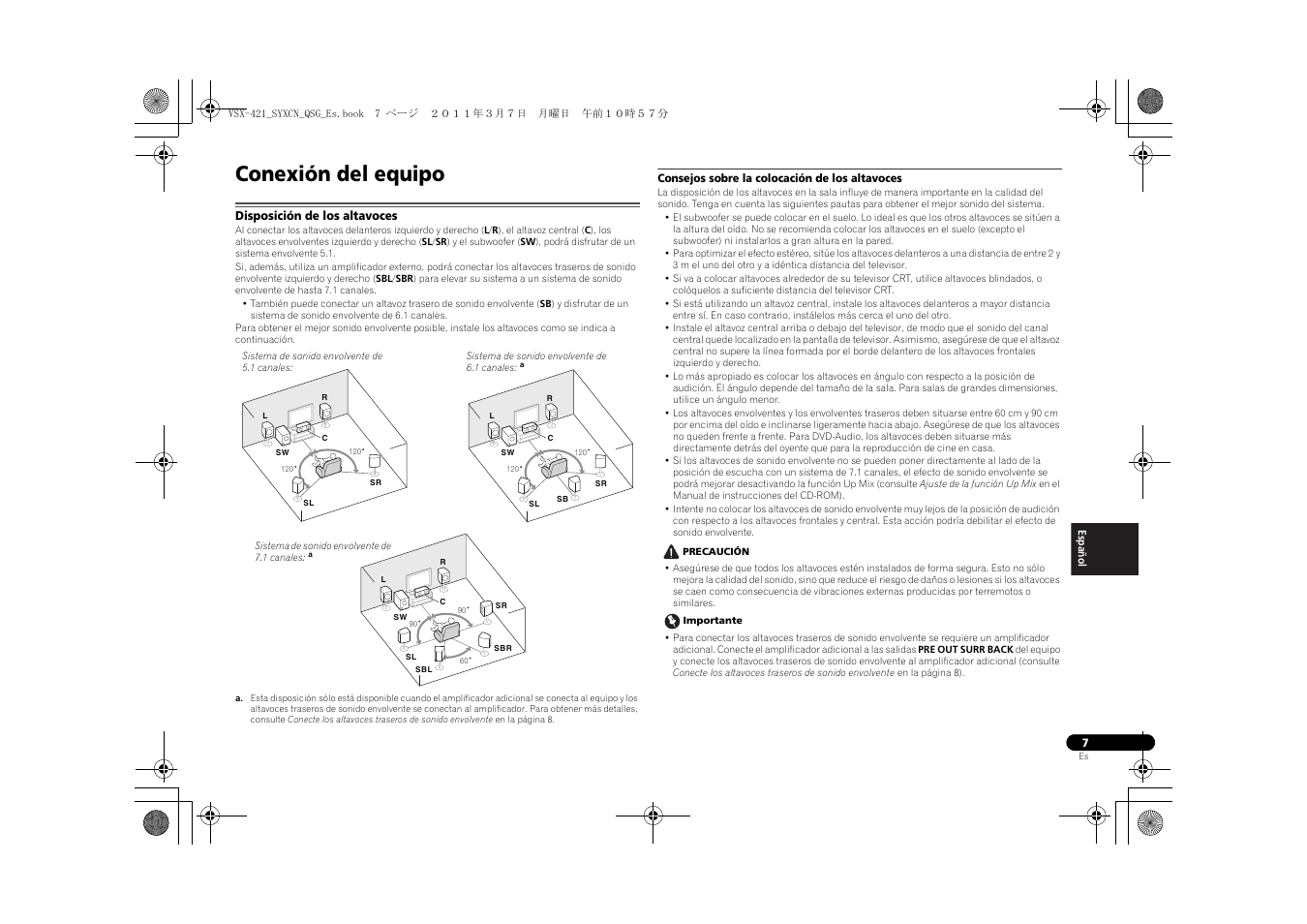 Conexión del equipo, Disposición de los altavoces, Consejos sobre la colocación de los altavoces | Pioneer VSX-421 User Manual | Page 77 / 100