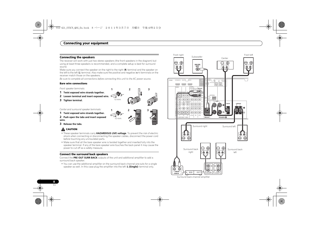 Connecting the speakers, Connect the surround back speakers, Connecting your equipment | Pioneer VSX-421 User Manual | Page 8 / 100