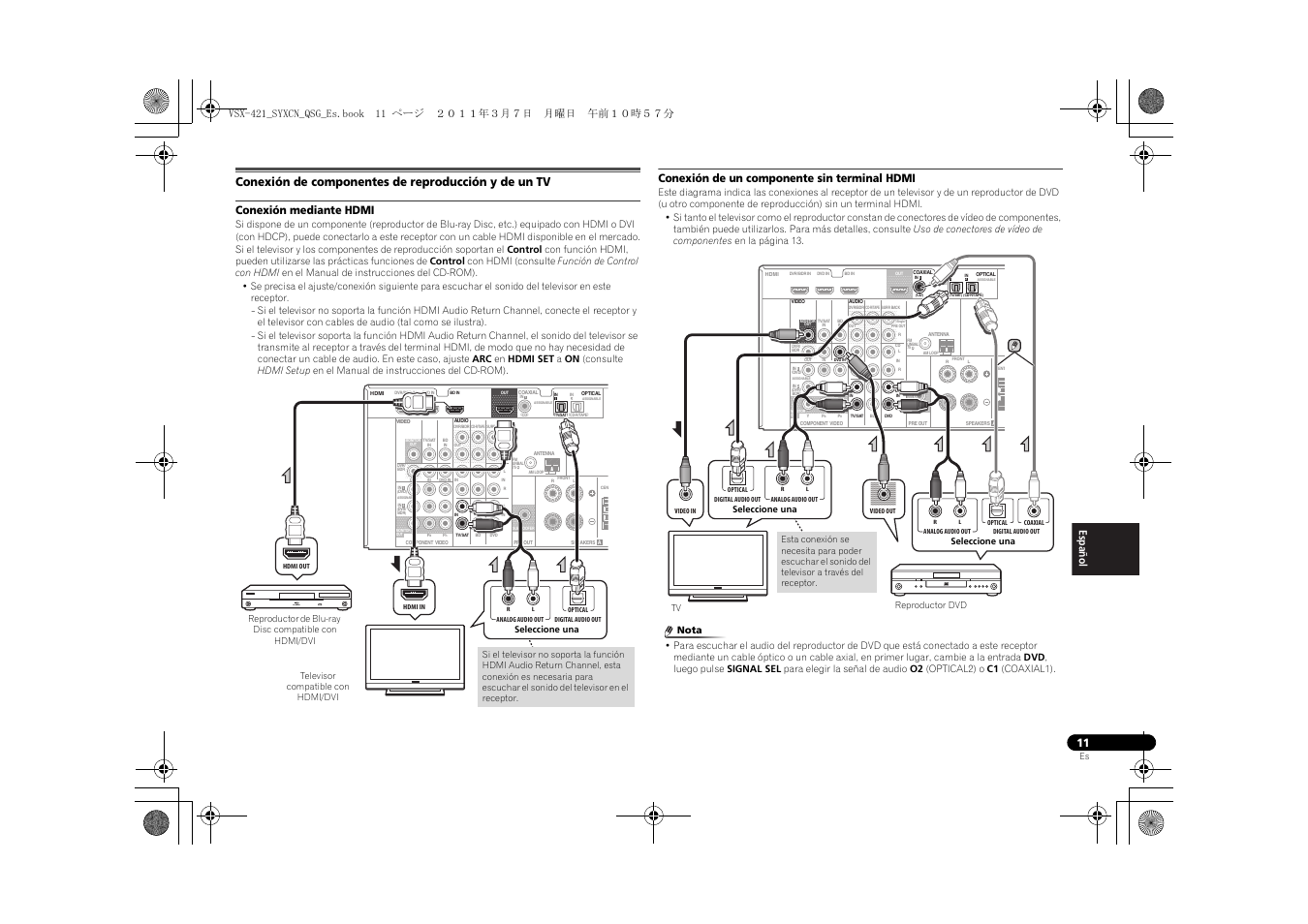 Conexión de componentes de reproducción y de un tv, Conexión mediante hdmi, Conexión de un componente sin terminal hdmi | Pioneer VSX-421 User Manual | Page 81 / 100