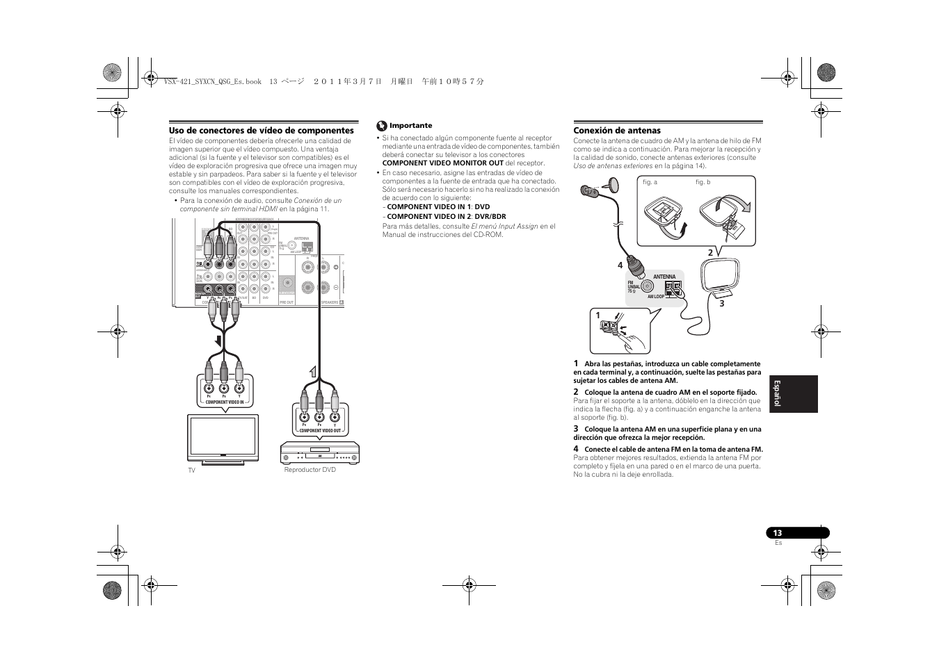 Uso de conectores de vídeo de componentes, Conexión de antenas | Pioneer VSX-421 User Manual | Page 83 / 100