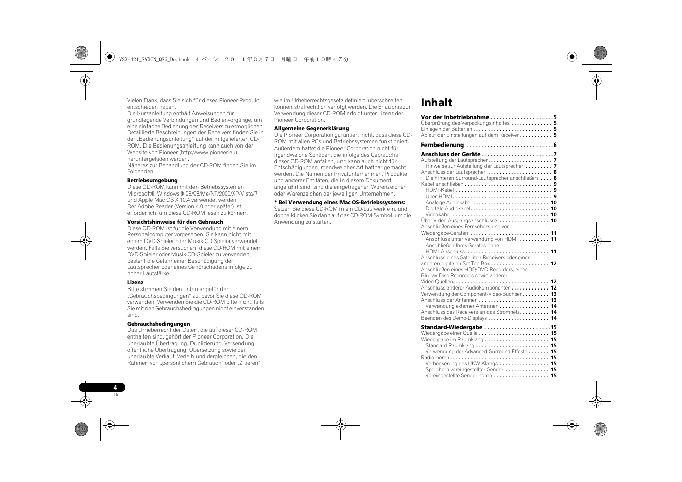 Audio-/video- mehrkanal-receiver, Kurzanleitung, Inhalt | Pioneer VSX-421 User Manual | Page 88 / 100