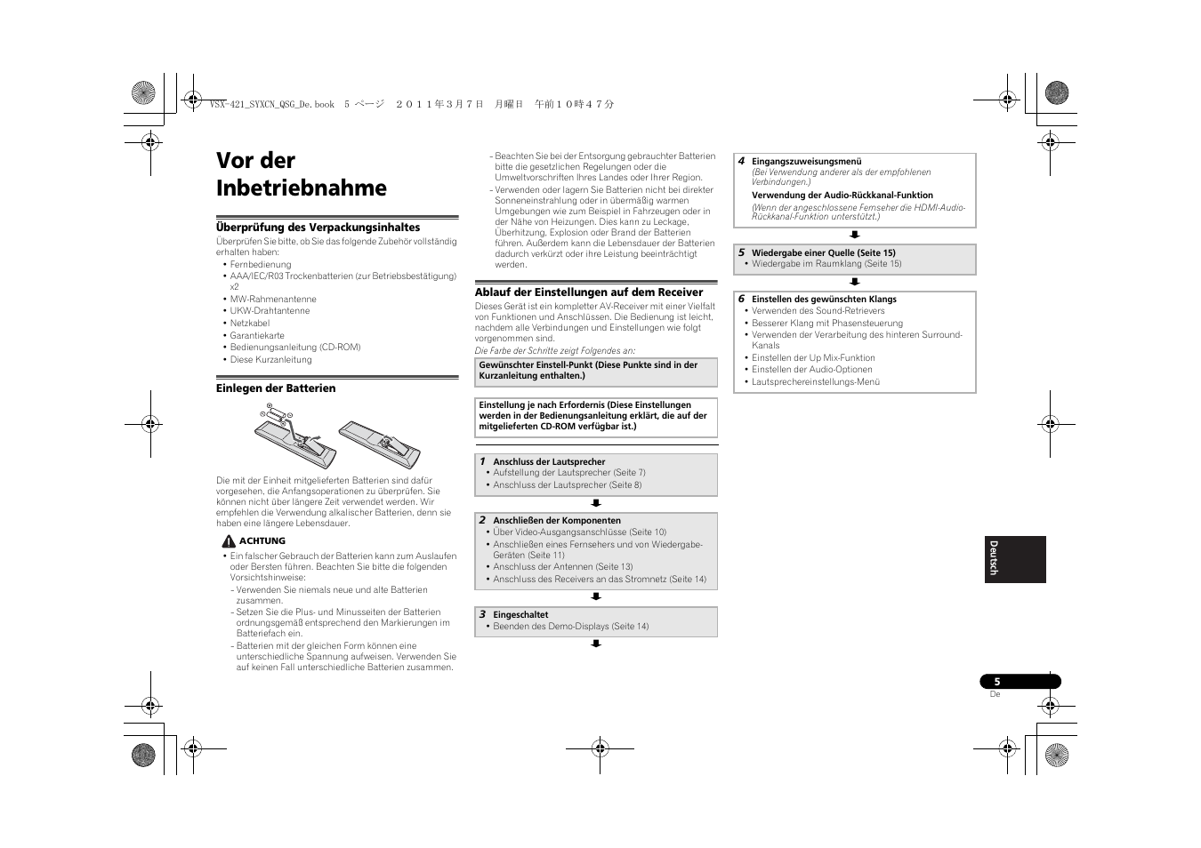 Vor der inbetriebnahme, Überprüfung des verpackungsinhaltes, Einlegen der batterien | Ablauf der einstellungen auf dem receiver | Pioneer VSX-421 User Manual | Page 89 / 100