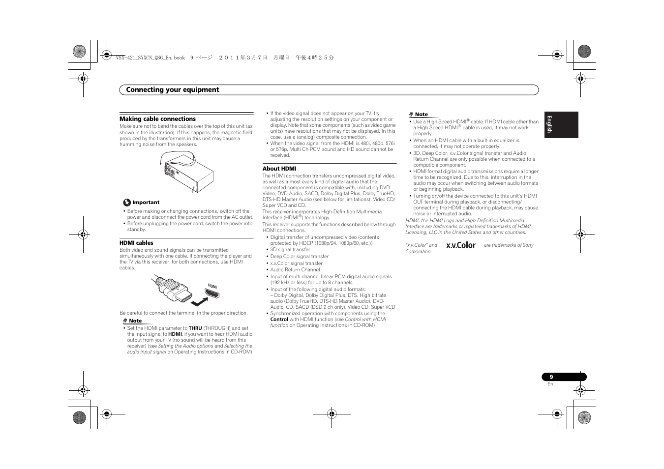 Making cable connections, Hdmi cables, About hdmi | Pioneer VSX-421 User Manual | Page 9 / 100