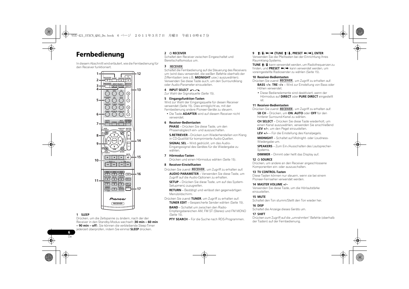 Fernbedienung | Pioneer VSX-421 User Manual | Page 90 / 100