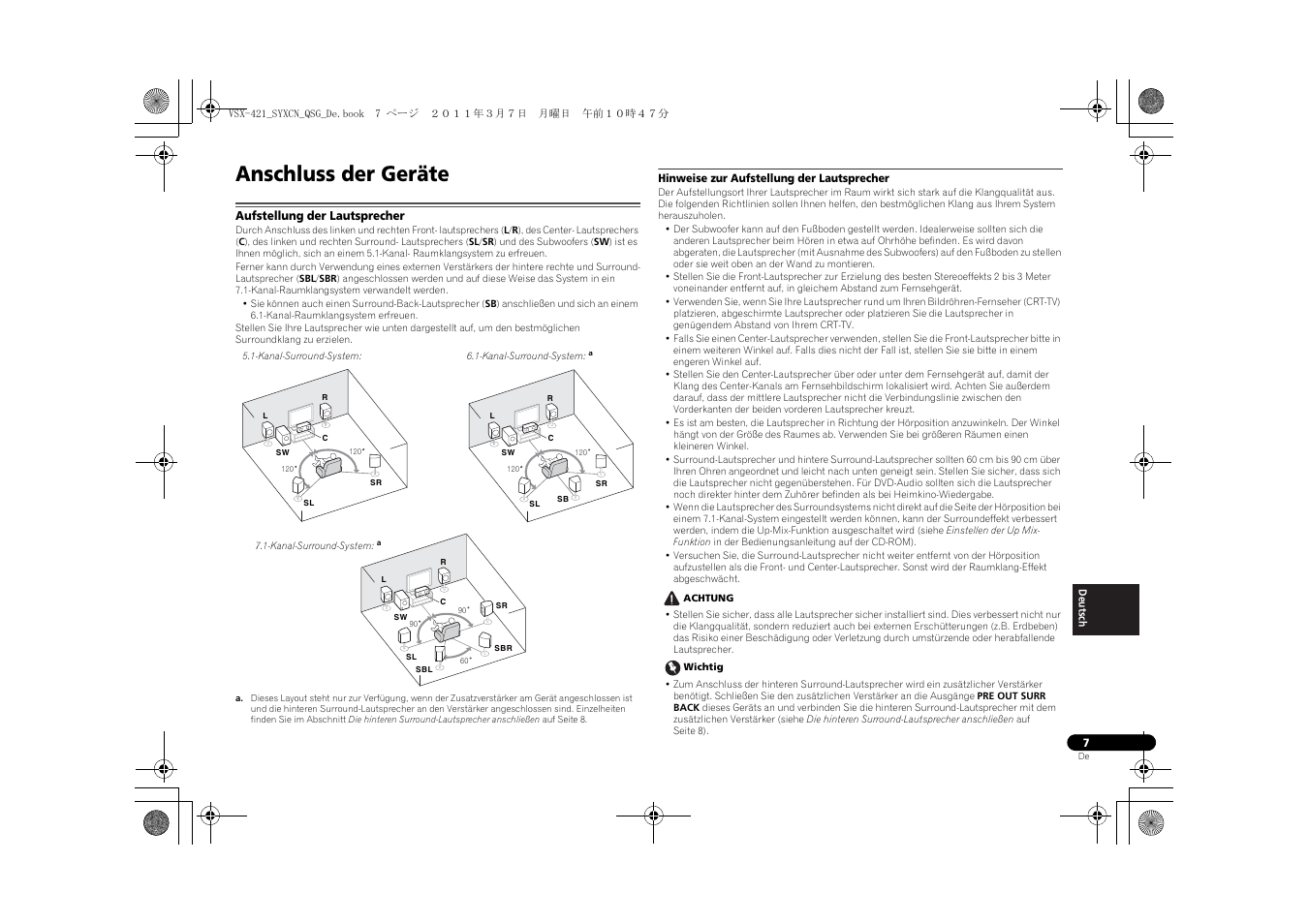 Anschluss der geräte, Aufstellung der lautsprecher, Hinweise zur aufstellung der lautsprecher | Pioneer VSX-421 User Manual | Page 91 / 100