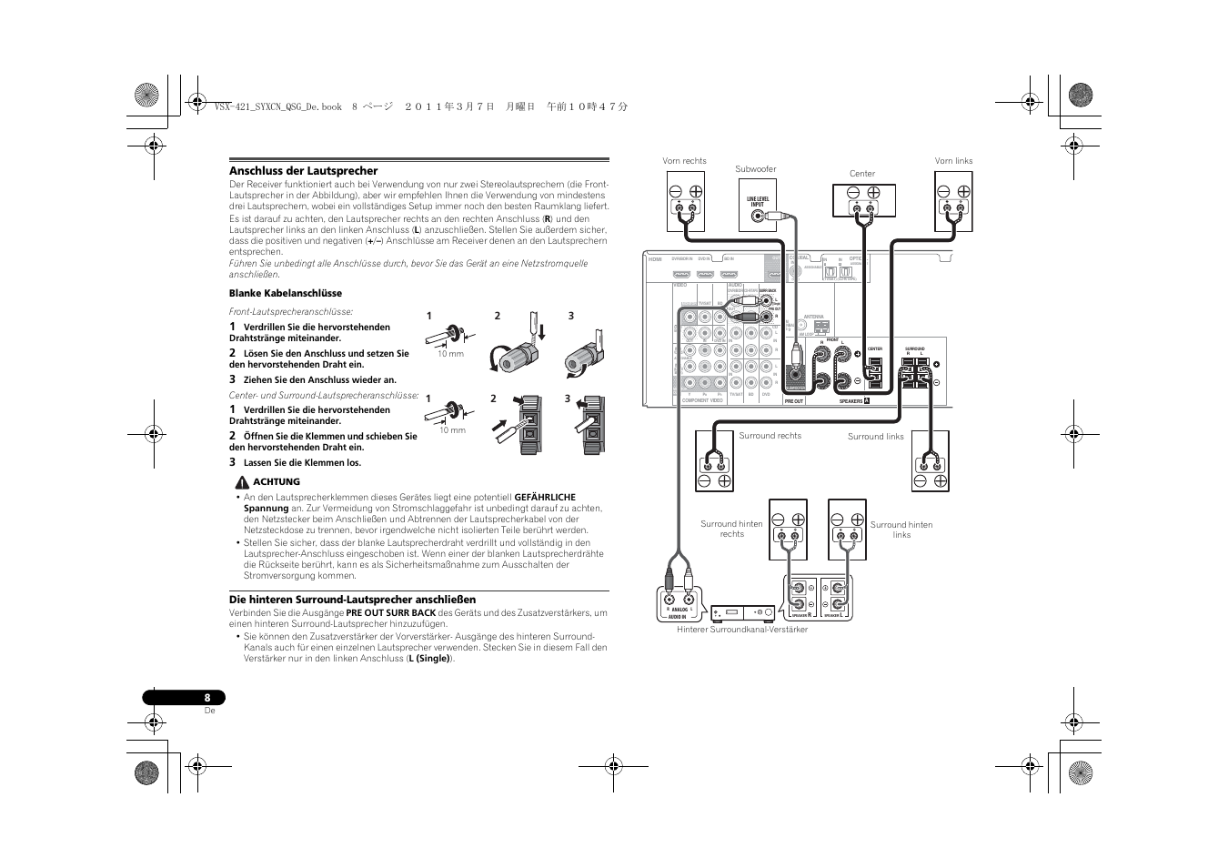 Anschluss der lautsprecher, Die hinteren surround-lautsprecher anschließen | Pioneer VSX-421 User Manual | Page 92 / 100
