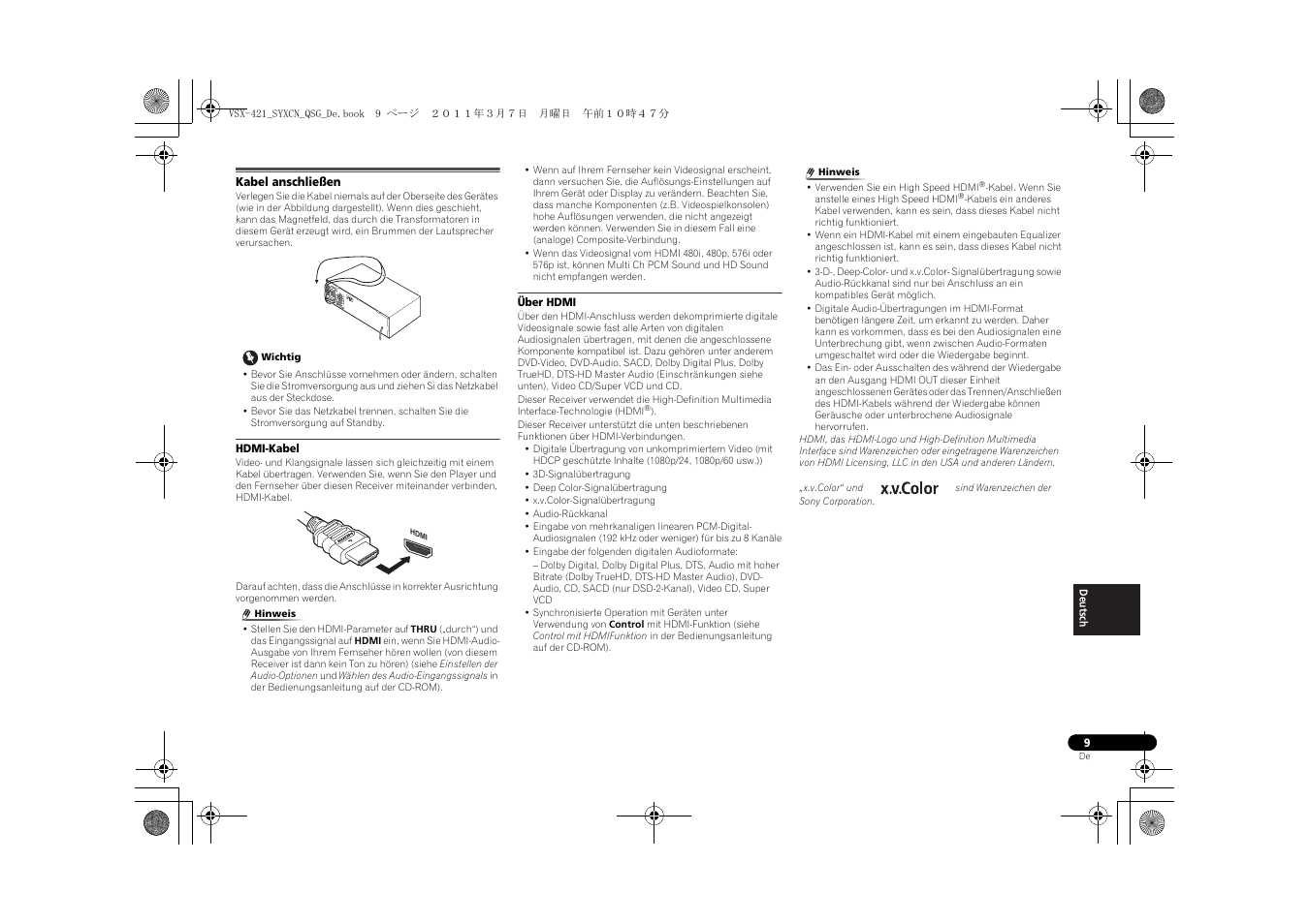 Kabel anschließen, Hdmi-kabel, Über hdmi | Pioneer VSX-421 User Manual | Page 93 / 100
