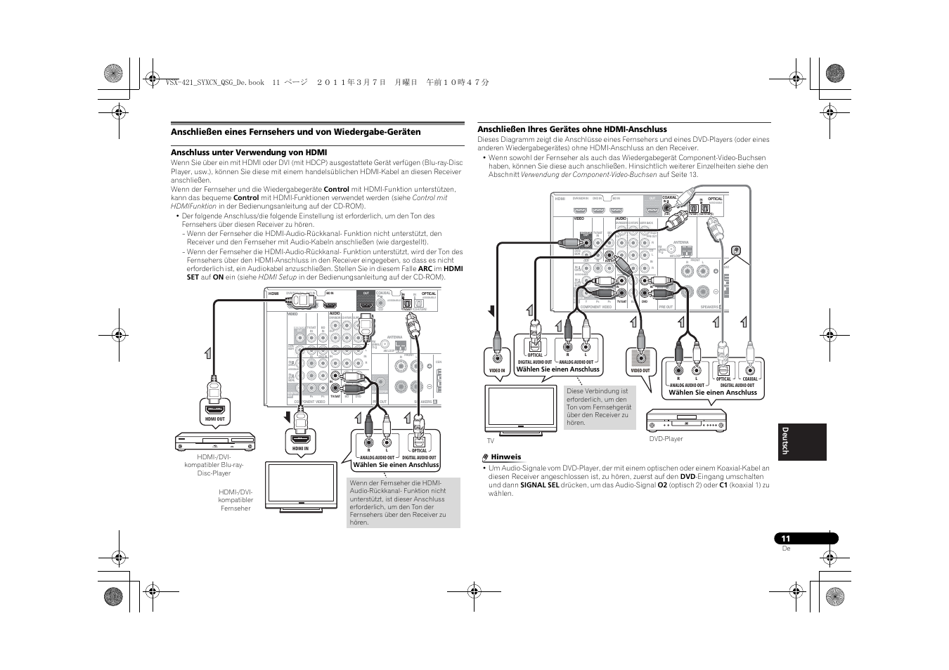 Anschluss unter verwendung von hdmi, Anschließen ihres gerätes ohne hdmi-anschluss | Pioneer VSX-421 User Manual | Page 95 / 100