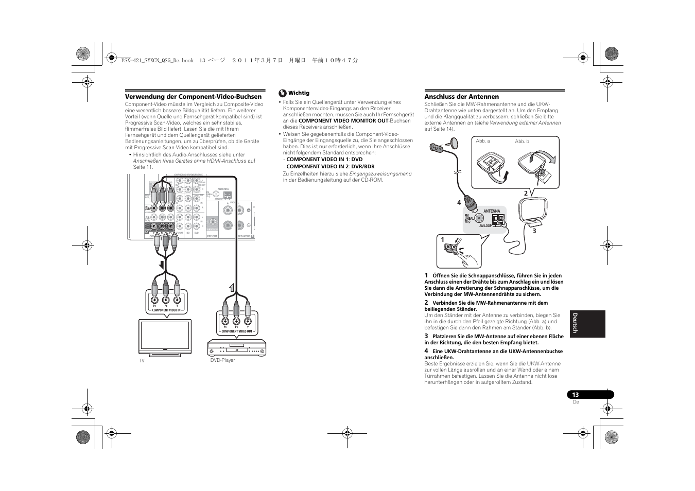 Verwendung der component-video-buchsen, Anschluss der antennen | Pioneer VSX-421 User Manual | Page 97 / 100